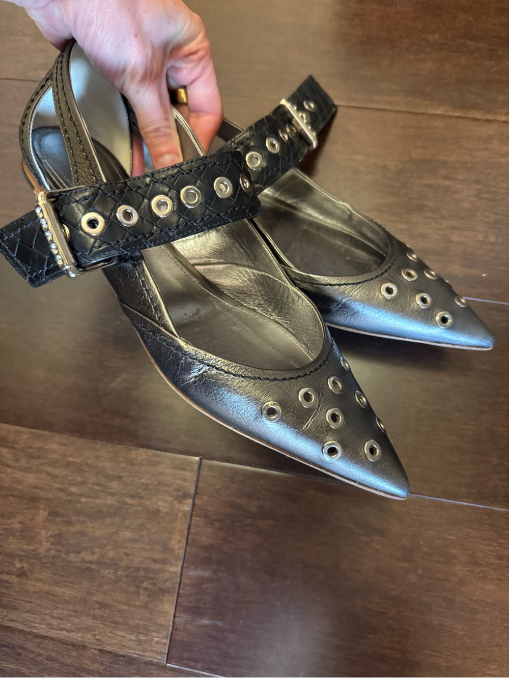 Bottega Veneta Studded Pointed-Toe Leather Slingback Mary Jane Flats